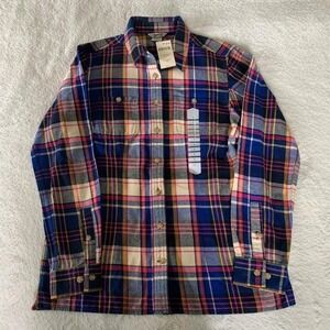 Women's Small DULUTH Free Swingin' Flannel Shirt Navy Blue Cream Pink Plaid NWT